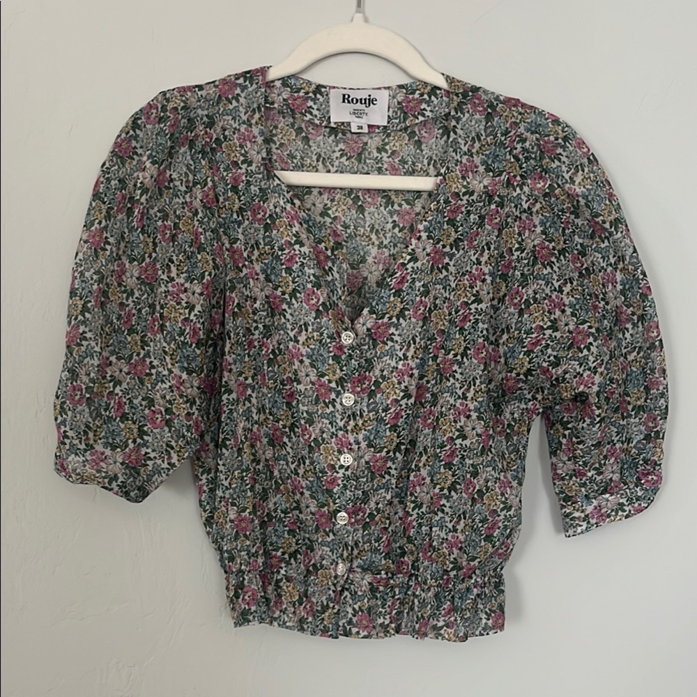Rouje Black and Blue Puff Sleeve Blouse